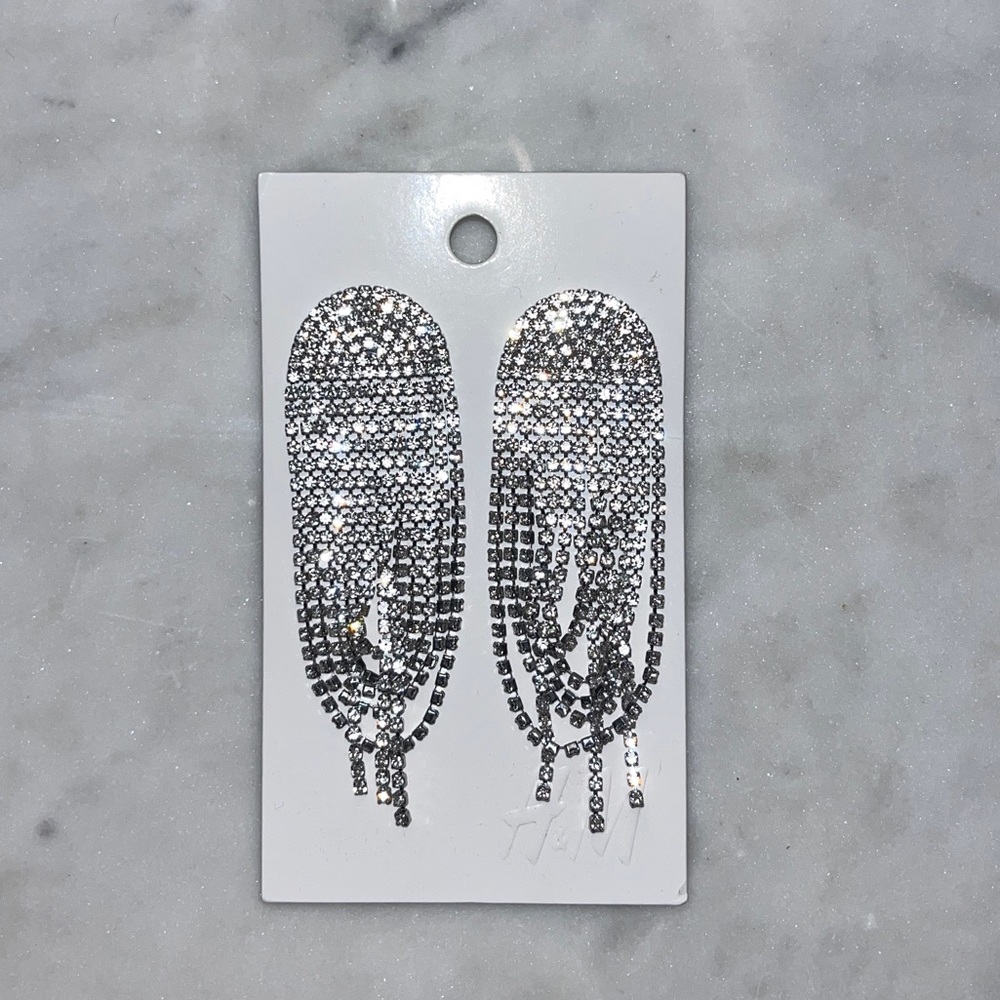 H&M Long Rhinestone Earrings silver NWT - Picture 3 of 7